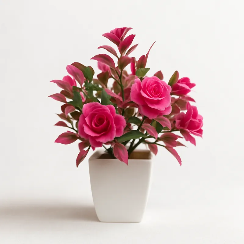 Premium Artificial Pink Rose Plant in White Pot | Decorative Indoor Flower Vase