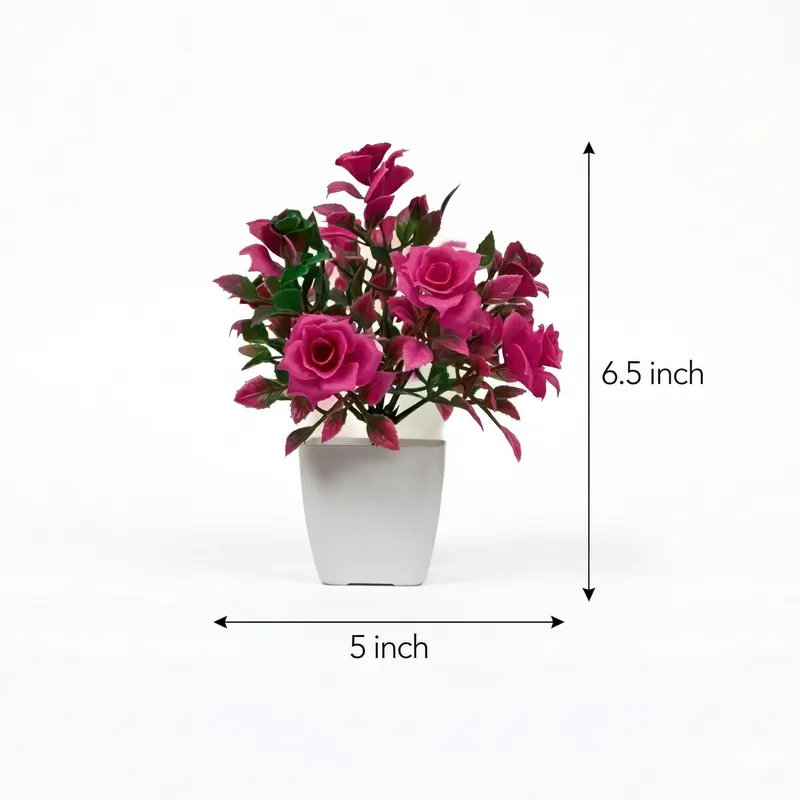 Premium Artificial Pink Rose Plant in White Pot | Decorative Indoor Flower Vase