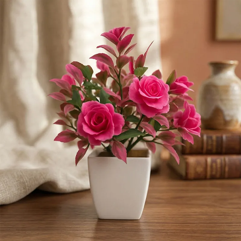 Premium Artificial Pink Rose Plant in White Pot | Decorative Indoor Flower Vase