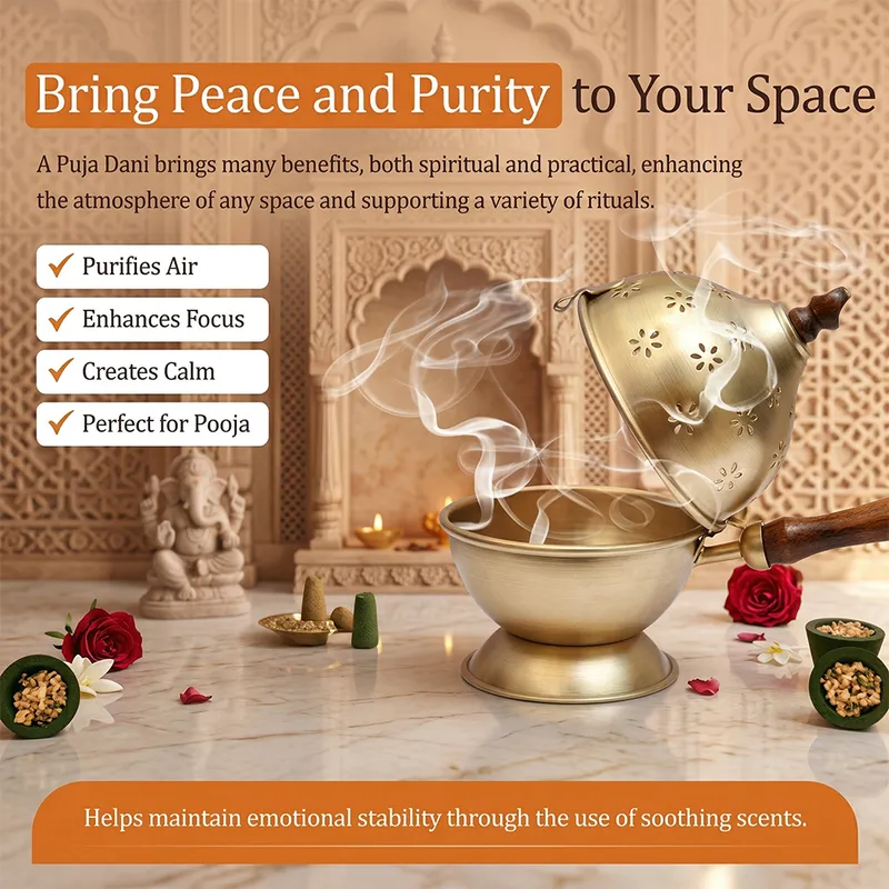 Premium Brass Puja Dani with Wooden Handle – Dhoop/Incense Burner for Home