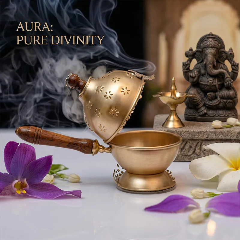 Premium Brass Puja Dani with Wooden Handle – Dhoop/Incense Burner for Home