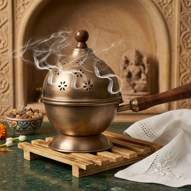 Premium Brass Puja Dani with Wooden Handle – Dhoop/Incense Burner for Home