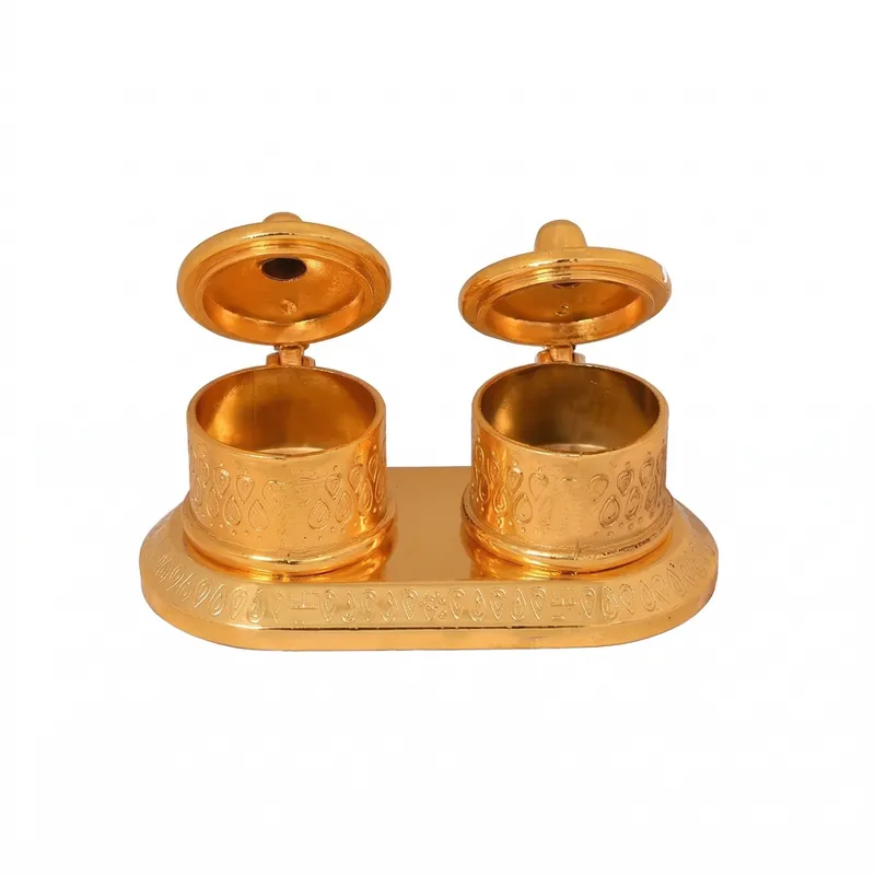 Premium Double Kumkum & Rice Holder with Lid – Puja Roli Chawal Container