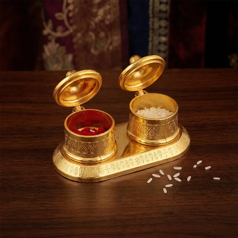 Premium Double Kumkum & Rice Holder with Lid – Puja Roli Chawal Container