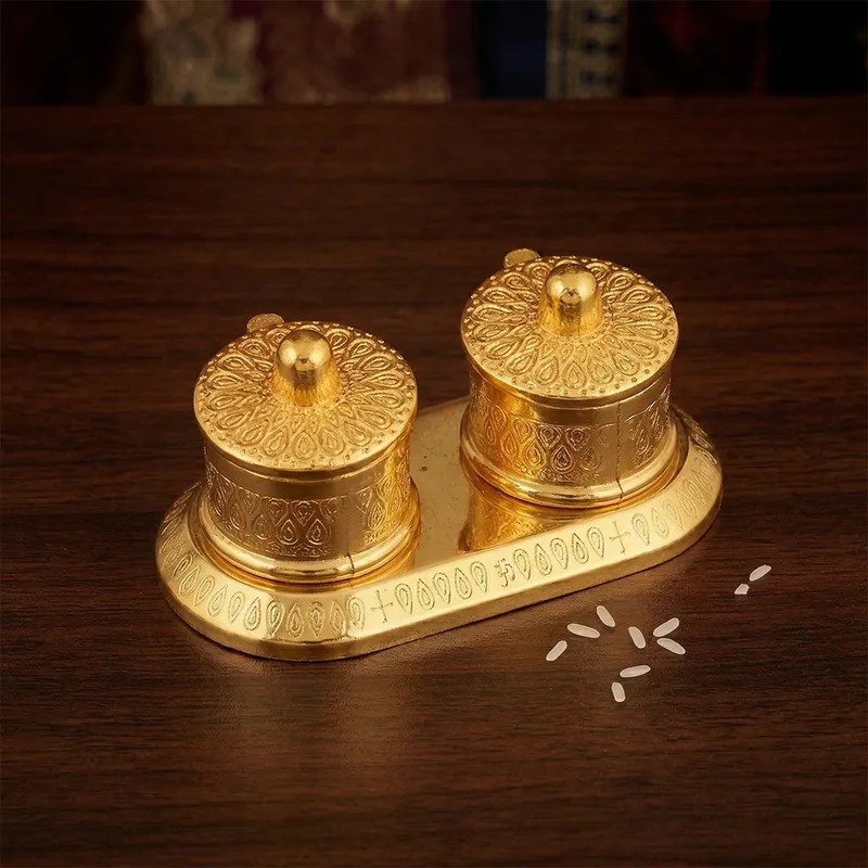 Premium Double Kumkum & Rice Holder with Lid – Puja Roli Chawal Container