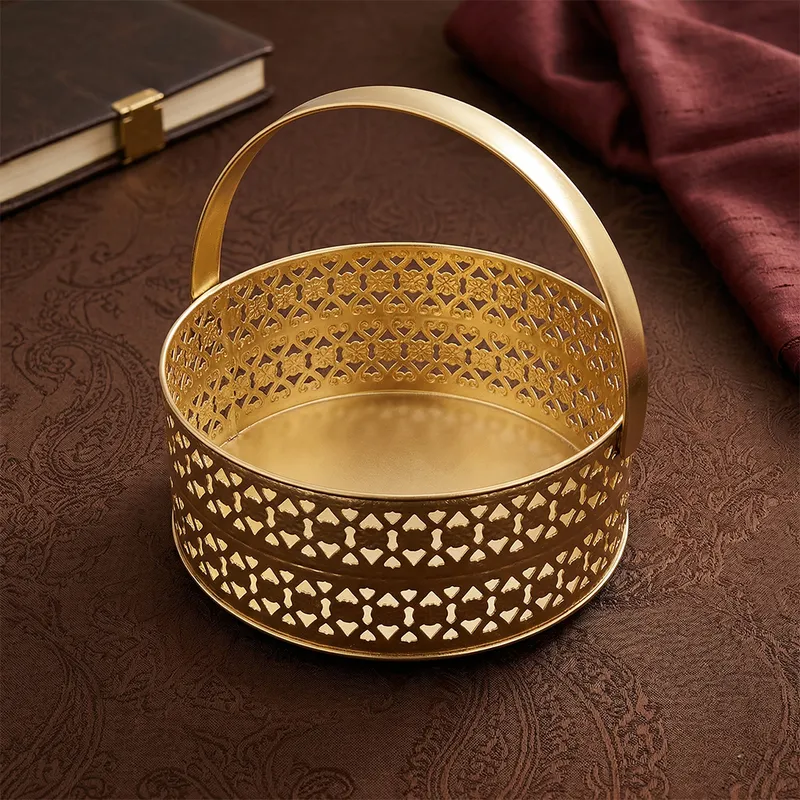 Premium Golden Metal Decorative Basket with Handle
