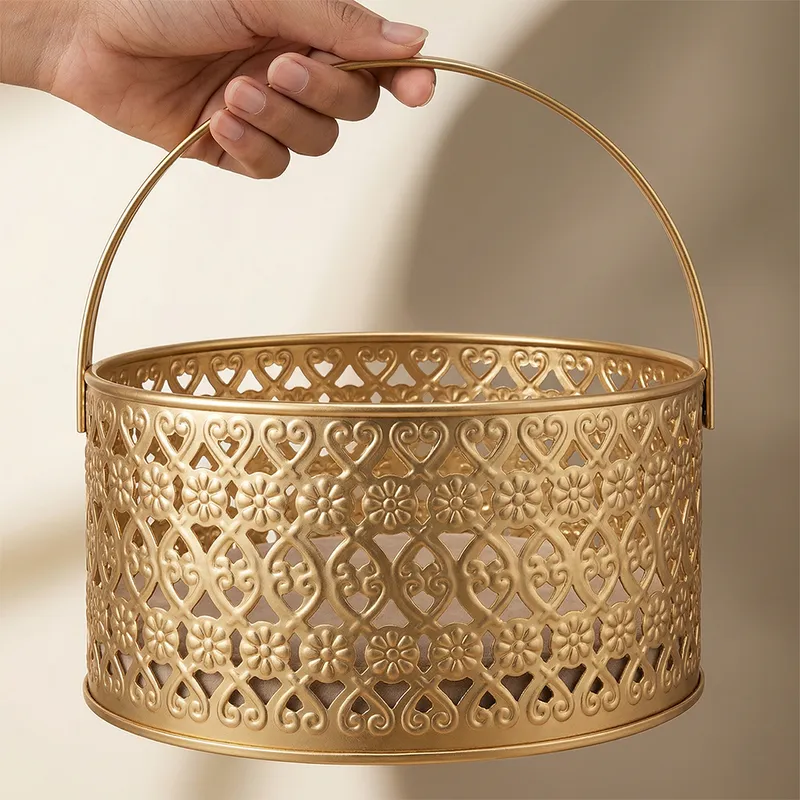Premium Golden Metal Decorative Basket with Handle