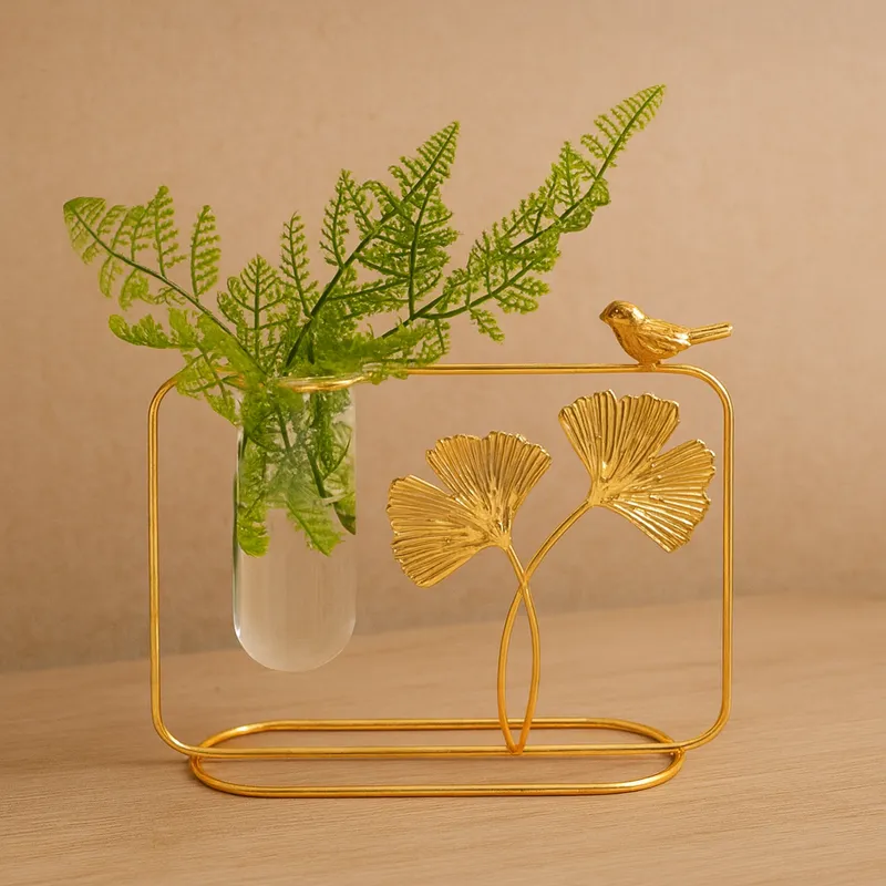 Premium Golden Metal Flower Vase Stand with Glass Tube