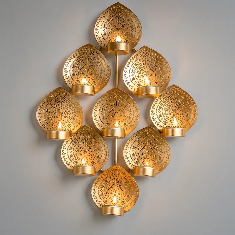 Premium Golden Metal Wall Hanging Diya Stand | 9 Tealight Candle Holder Wall Décor