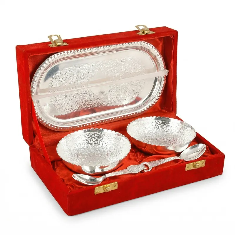 Premium Silver Plated Bowl Set with Tray & Spoons in Velvet Gift Box