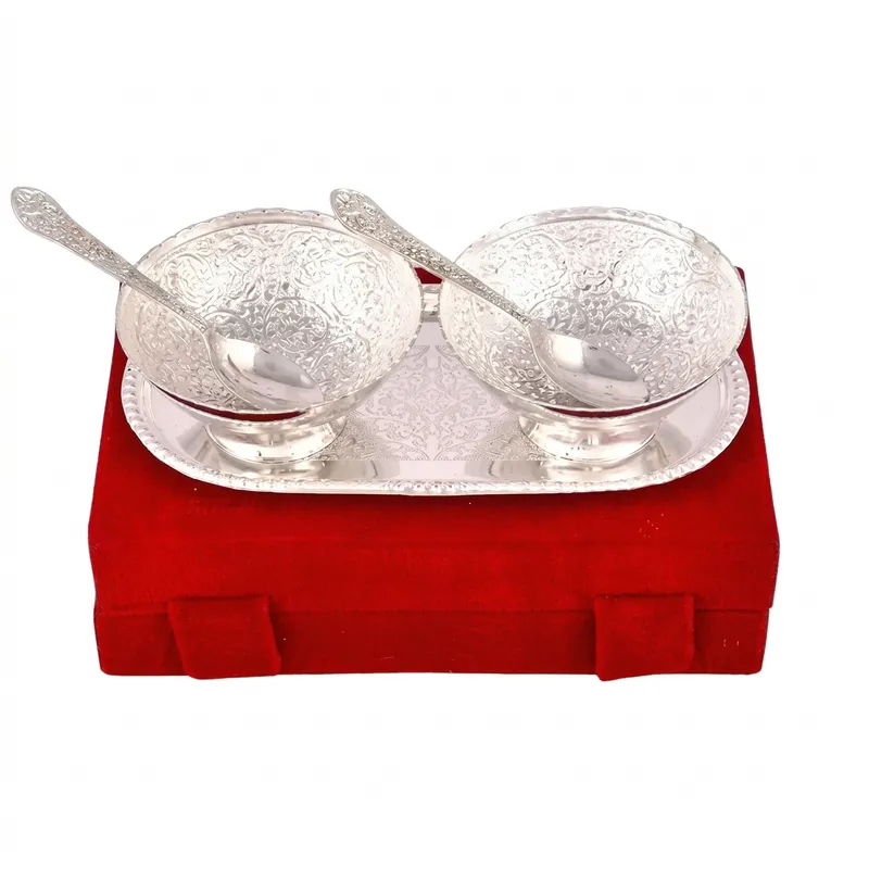 Premium Silver Plated Bowl Set with Tray & Spoons in Velvet Gift Box