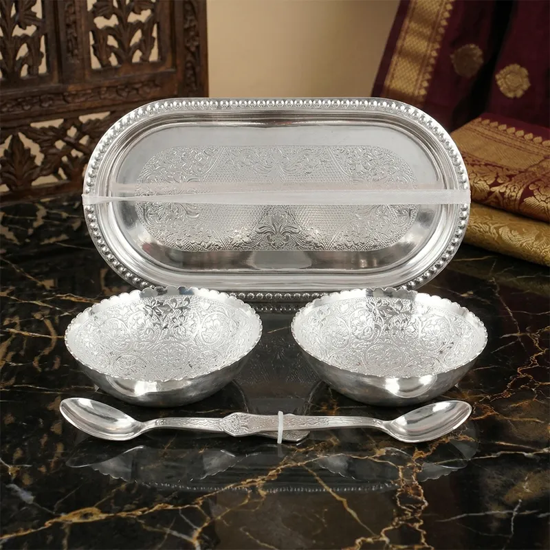 Premium Silver Plated Bowl Set with Tray & Spoons in Velvet Gift Box