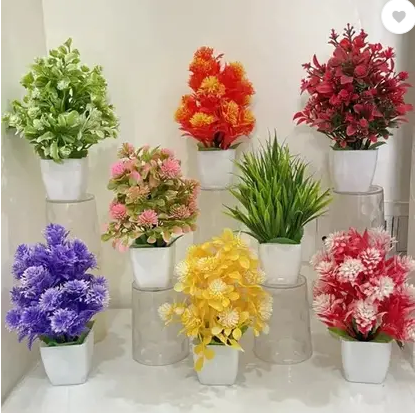 Ryme Set Of 8 Mini/Small Artificial Plants Bonsai Wild Artificial Plant with Pot  (15 cm, Multicolor)