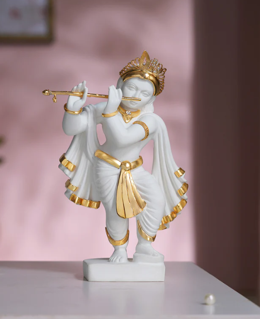 Elegant White & Gold Lord Krishna Idol Playing Flute (8.25 Inch)