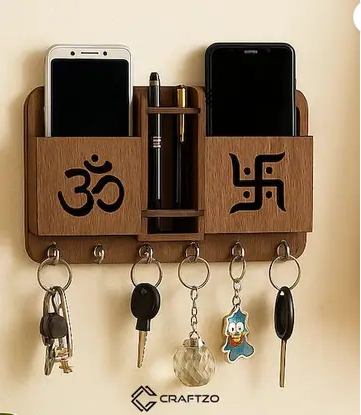 Craftzo Home Decor items | Key Holder For Wall | Mobile Holder For Wall | Key Stand Wood Key Holder  (6 Hooks, Brown)